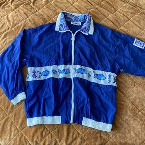 Vintage White Stag Windbreaker Jacket Retro Fish Blue White Zip Collared Size S